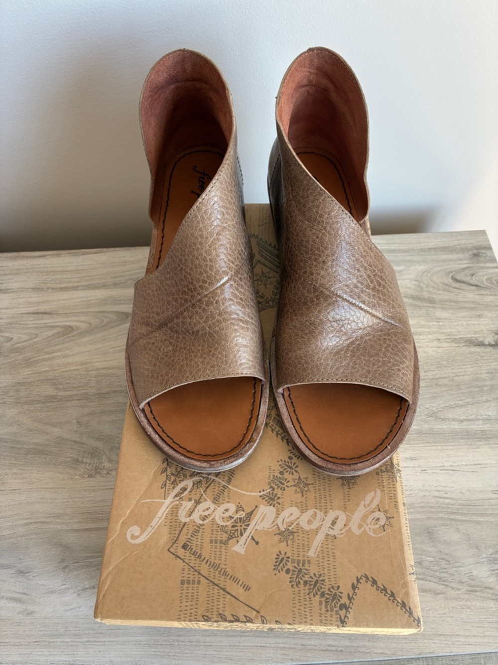 Free People Taupe Brown Leather Open-Peep Toe Wedge Mules